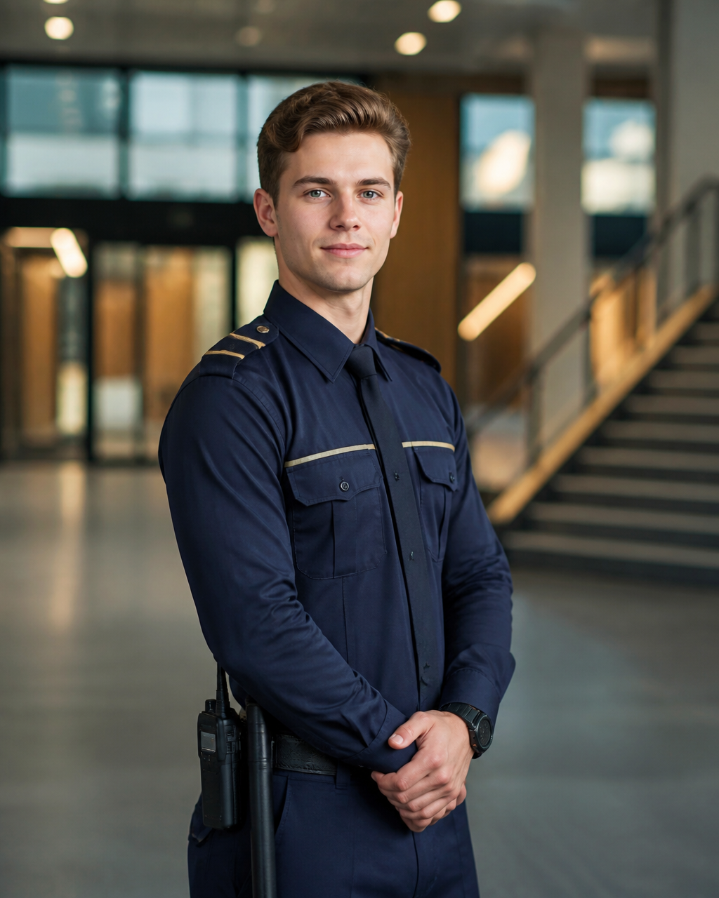Professionele beveiliger in uniform, klaar voor het nieuwe schooljaar
